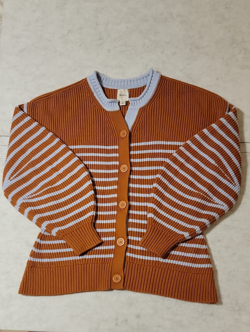 Maeve Anthropologie Blouson Sleeve Striped Cardigan Sweater Rust Blue Medium